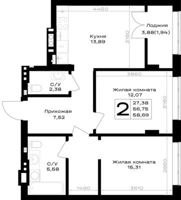 Планировка: 2-комн. 58,69 м² · этаж 2 из 7