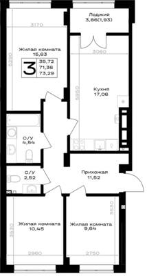 Планировка: 3-комн. 73,29 м² · этаж 2 из 7