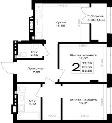 Планировка: 2-комн. 58,59 м² · этаж 4 из 7