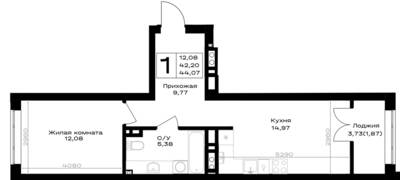 Планировка: 1-комн. 44,07 м² · этаж 5 из 7