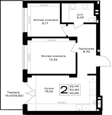 Планировка: 2-комн. 60,65 м² · этаж 1 из 7