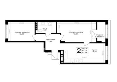 Планировка: 2-комн. 63,94 м² · этаж 4 из 7