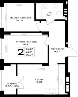Планировка: 2-комн. 55,07 м² · этаж 6 из 7