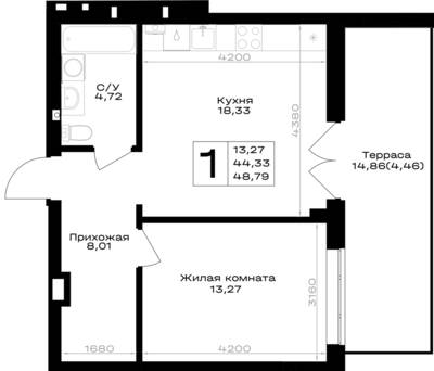 Планировка: 1-комн. 48,79 м² · этаж 1 из 7
