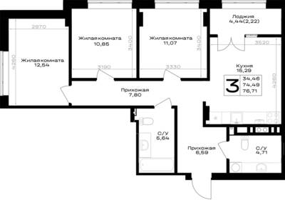 Планировка: 3-комн. 76,71 м² · этаж 5 из 7