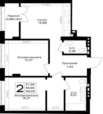 Планировка: 2-комн. 58,59 м² · этаж 7 из 7