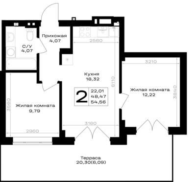 Планировка: 2-комн. 54,56 м² · этаж 1 из 7