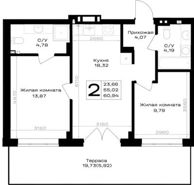 Планировка: 2-комн. 60,94 м² · этаж 1 из 7