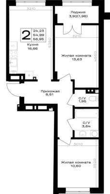 2-комнатная квартира 56,95 м² в ЖК Включи, Гурьевск — фото 1