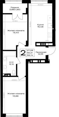 Планировка: 2-комн. 58,14 м² · этаж 4 из 7