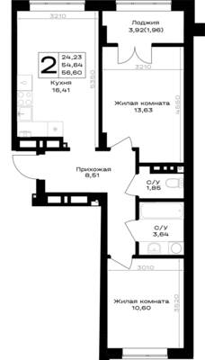 Планировка: 2-комн. 56,6 м² · этаж 7 из 7