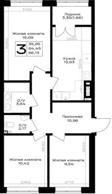 Планировка: 3-комн. 66,13 м² · этаж 3 из 7