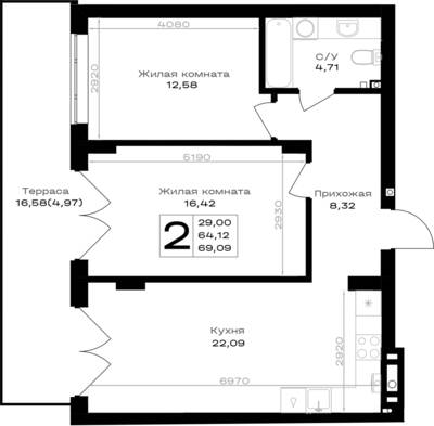 Планировка: 2-комн. 69,09 м² · этаж 1 из 7