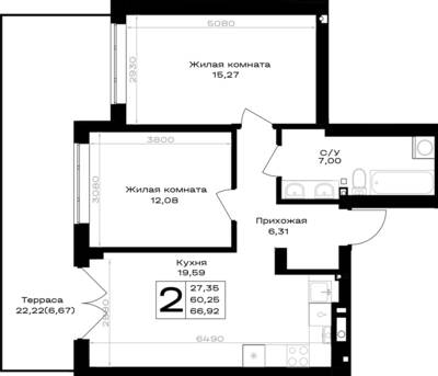Планировка: 2-комн. 66,92 м² · этаж 1 из 7