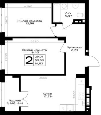 Планировка: 2-комн. 61,53 м² · этаж 3 из 7