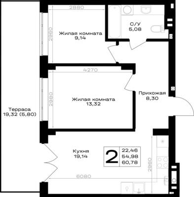 Планировка: 2-комн. 60,78 м² · этаж 1 из 7