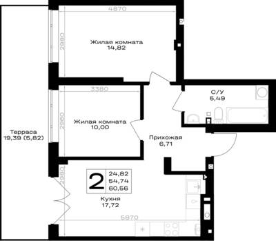 Планировка: 2-комн. 60,56 м² · этаж 1 из 7