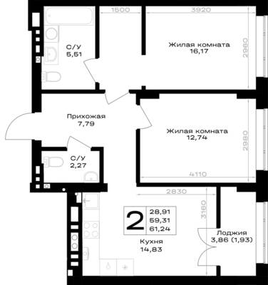 2-комнатная квартира 61,24 м² в ЖК Включи, Гурьевск — фото 1