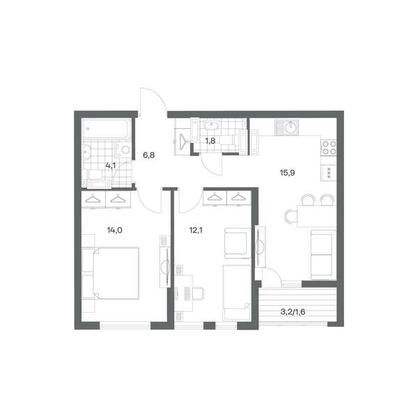 2-комнатная квартира 56,3 м² в ЖК Гагарина 30, Калининград — фото 1