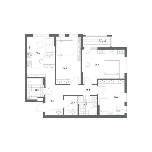 3-комнатная квартира 79,1 м² в ЖК Гагарина 30, Калининград — фото 1