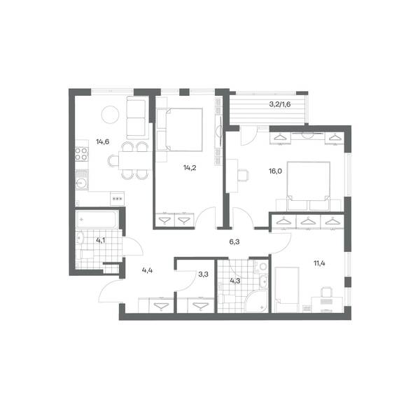 3-комнатная квартира 80,2 м² в ЖК Гагарина 30, Калининград — фото 1