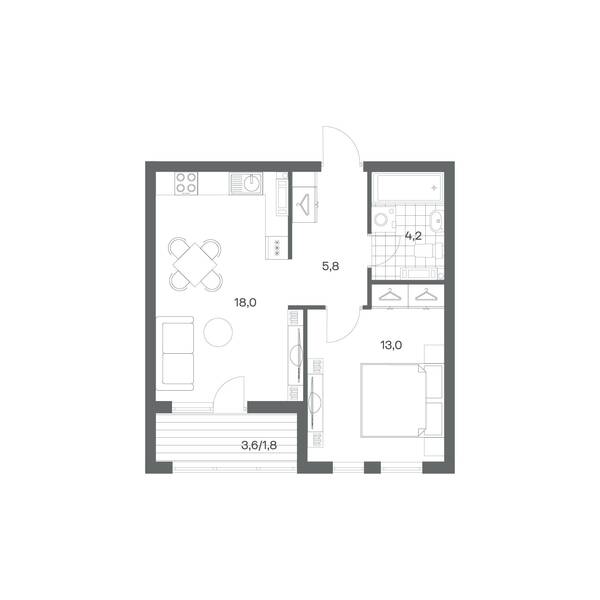 1-комнатная квартира 42,8 м² в ЖК Гагарина 30, Калининград — фото 1