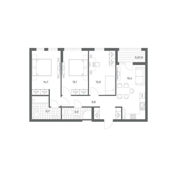 3-комнатная квартира 75 м² в ЖК Гагарина 30, Калининград — фото 1