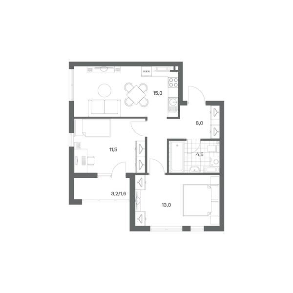 2-комнатная квартира 53,9 м² в ЖК Гагарина 30, Калининград — фото 1
