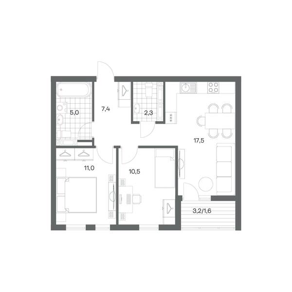 2-комнатная квартира 55,3 м² в ЖК Гагарина 30, Калининград — фото 1
