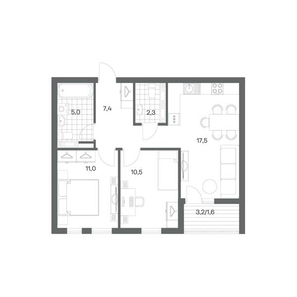 2-комнатная квартира 55,3 м² в ЖК Гагарина 30, Калининград — фото 1