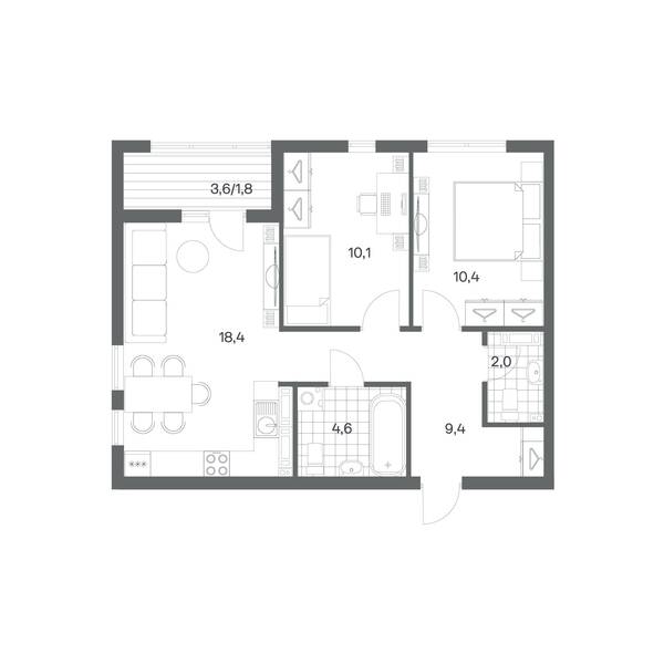 2-комнатная квартира 56,7 м² в ЖК Гагарина 30, Калининград — фото 1