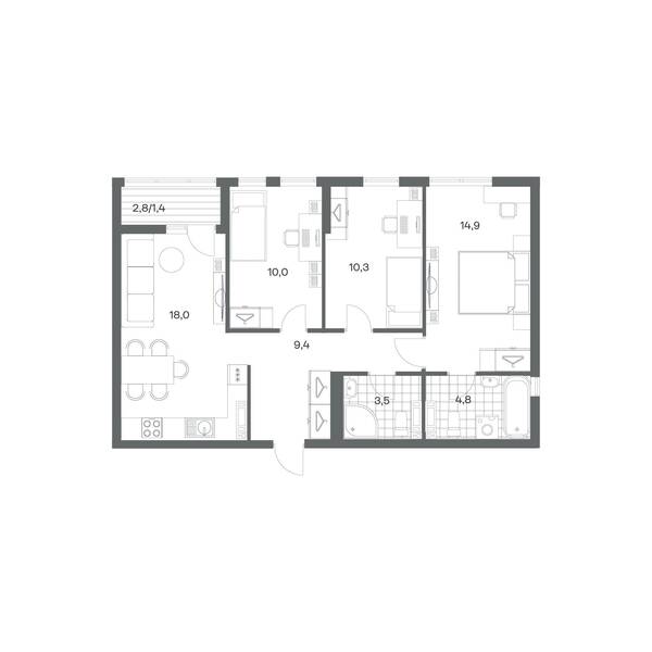 3-комнатная квартира 72,3 м² в ЖК Гагарина 30, Калининград — фото 1
